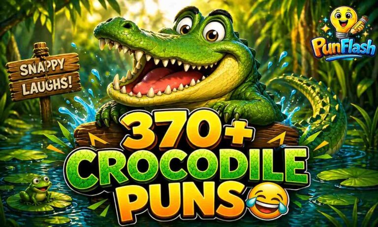 370 crocodile puns funny jokes and captions with cartoon crocodile in swamp