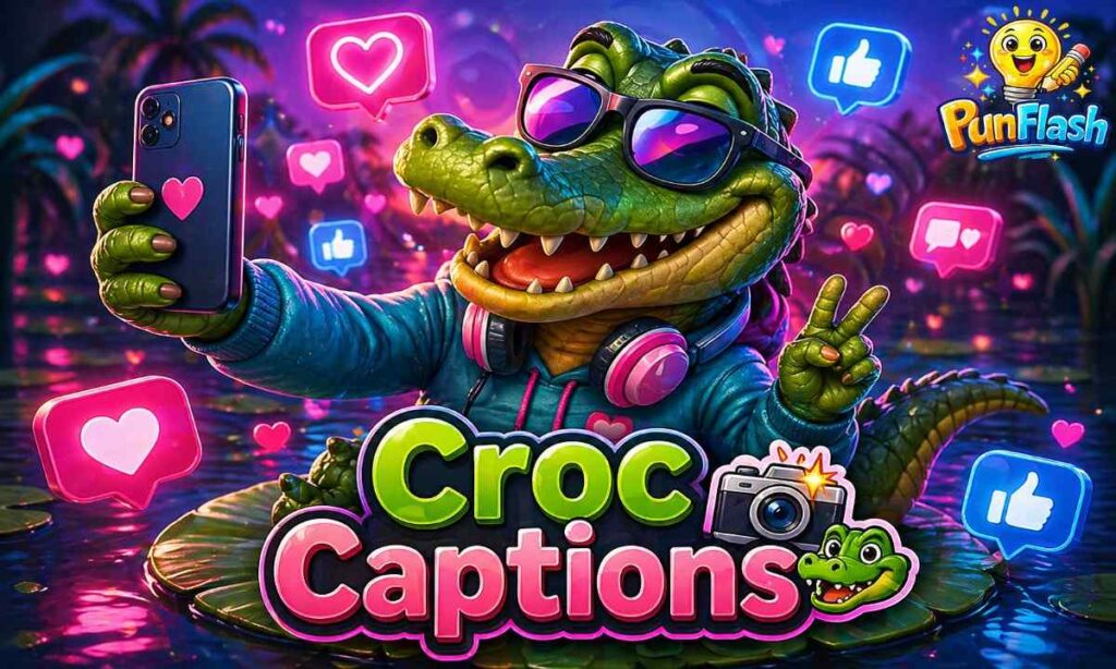 crocodile puns for instagram captions with trendy crocodile selfie aesthetic image