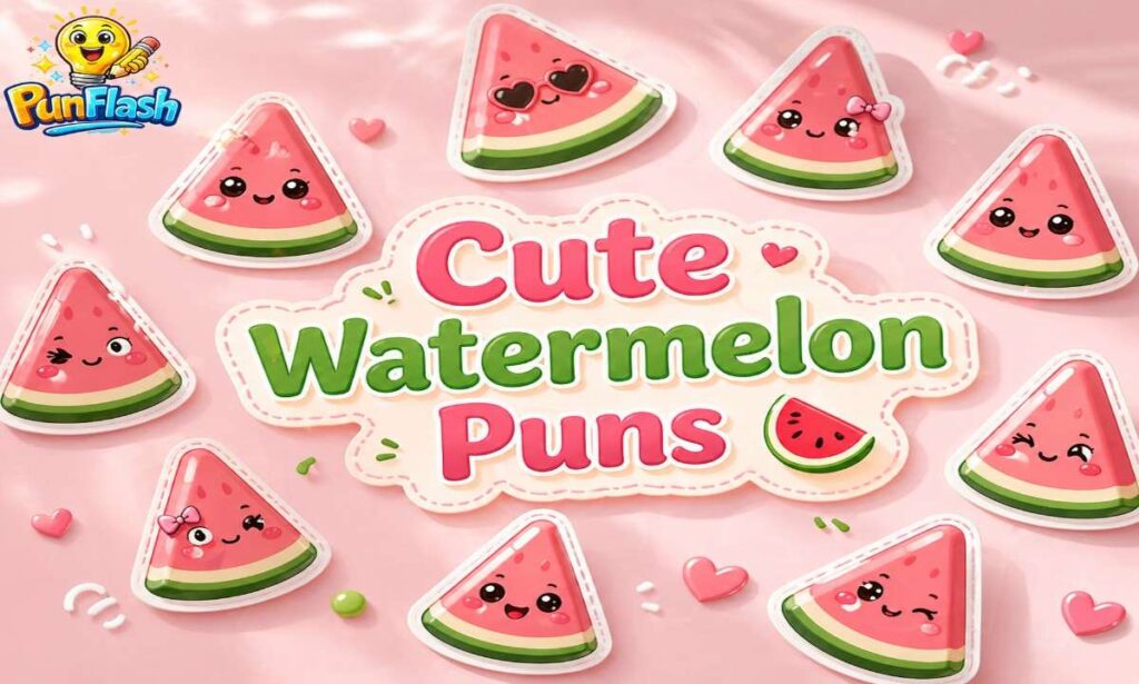 cute watermelon puns with aesthetic sticker style watermelon slices on pastel background