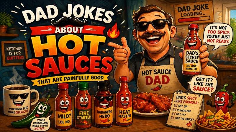 dad jokes about hot sauce with funny cartoon dad character and spicy bottles showing humorous food puns and comedy scene