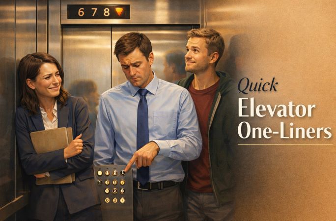 Funny elevator one liners scene with people reacting inside a modern lift