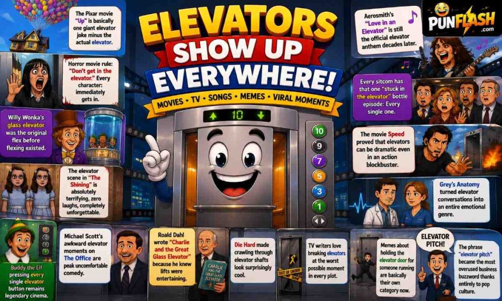 elevator puns in movies TV shows songs memes and pop culture featuring a cartoon elevator character with famous entertainment references and comedy moments