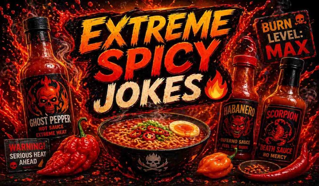 extreme spicy sauce jokes with ghost pepper and fiery hot sauce bottles showing intense heat and bold food humor scene