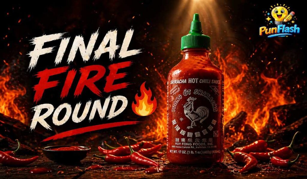 final fire round hot sauce image with dramatic flames and punflash logo in top corner
