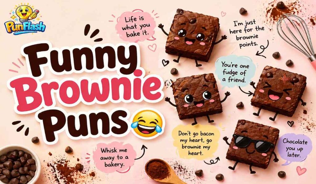 “funny brownie puns list with cute cartoon brownies illustration and chocolate humor”