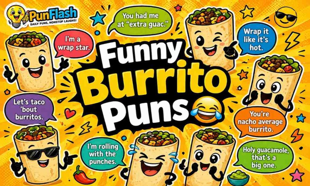 funny burrito puns one liners jokes with cartoon burrito characters and comic style text bubbles