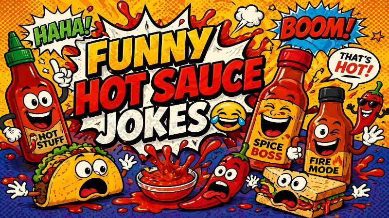 funny hot sauce jokes with chili peppers and cartoon style bottles showing spicy humor and food comedy scene