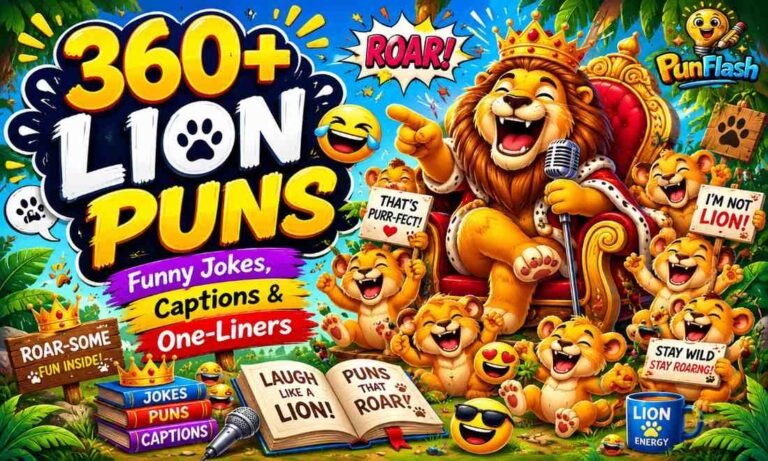 Funny lion puns cartoon king lion telling jokes with laughing lion cubs and jungle comedy scene