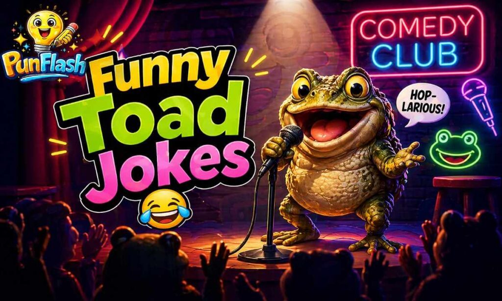 funny toad jokes quick punchlines with cartoon toad comedian for laughs and captions