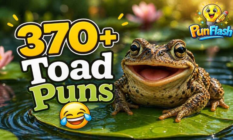 funny toad puns list with cute toad on lily pad for instagram captions and jokes