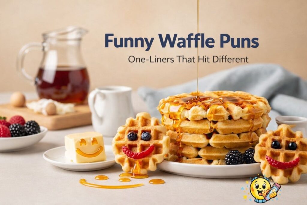 funny waffle puns one liners with golden waffles syrup and berries playful breakfast scene