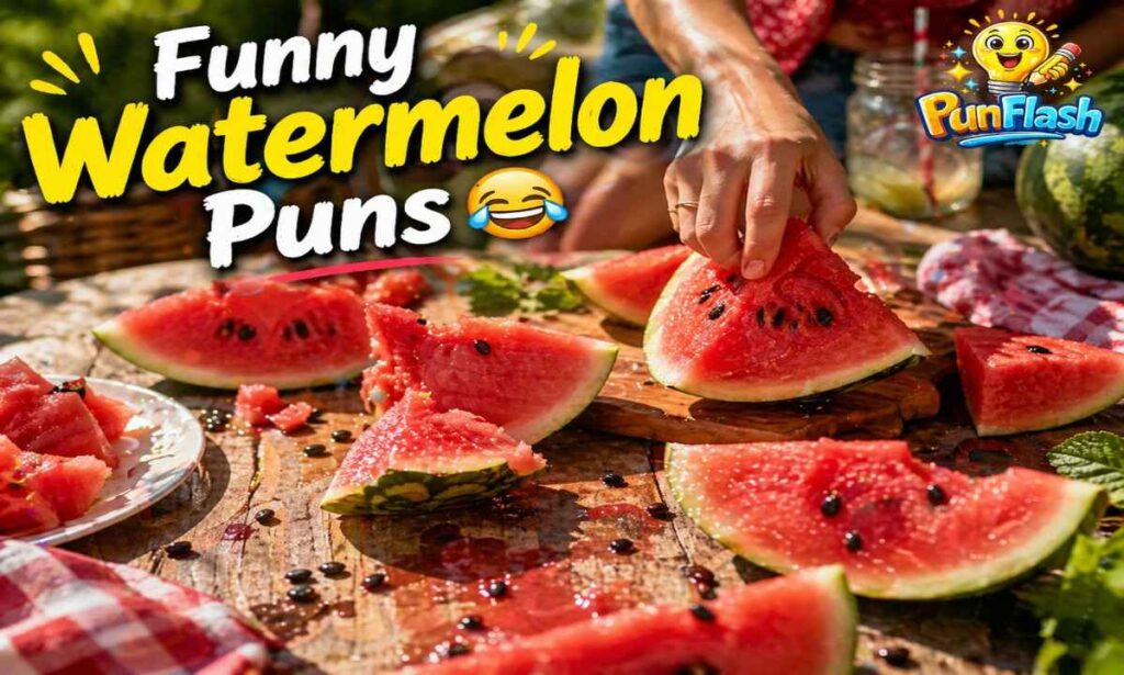 funny watermelon puns list with summer picnic watermelon slices and juicy fruit scene
