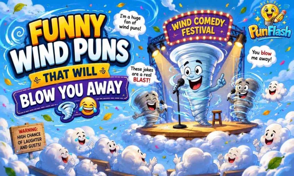 Funny Wind Puns cartoon image showing a tornado comedian performing on a floating cloud comedy stage while laughing clouds watch from the audience.
