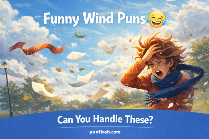funny wind puns image showing windy day with person losing hat and papers flying