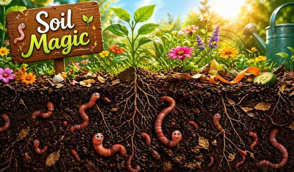 garden worm puns illustration with earthworms in soil helping plant growth and compost ecosystem