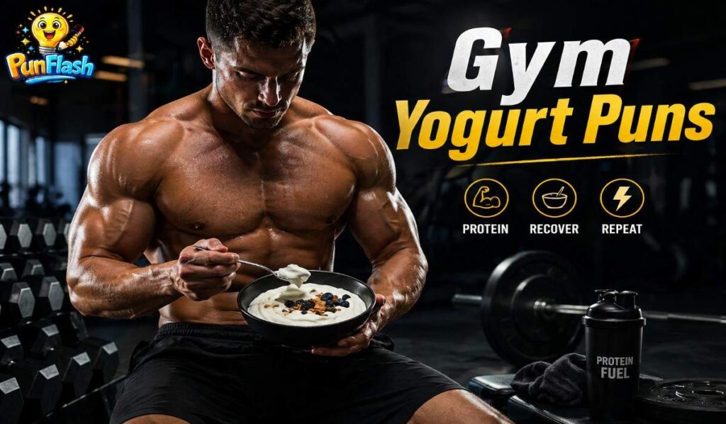 muscular athlete holding greek yogurt after workout representing gym yogurt puns