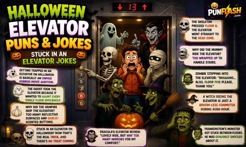 halloween elevator puns and jokes featuring a haunted elevator with ghosts vampires zombies skeletons and spooky halloween humor