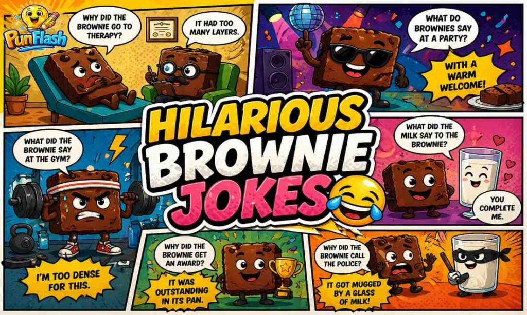 hilarious brownie jokes with funny cartoon brownies in comic style illustration