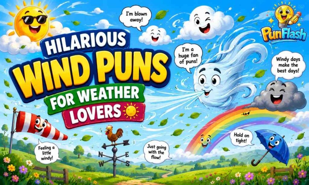 Hilarious Wind Puns for Weather Lovers cartoon illustration featuring smiling wind gusts, clouds, sunshine, rainbow, windsock, umbrella, and flying leaves in a colorful countryside scene.