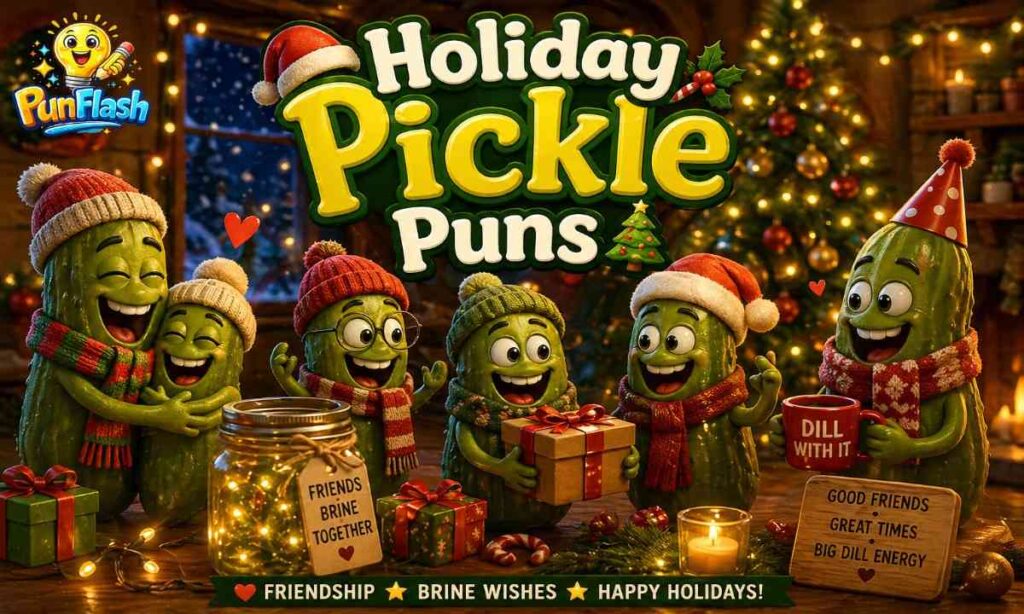 Holiday pickle puns for friends with funny and festive jokes perfect for cards, captions and seasonal humor