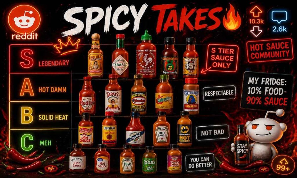 hot sauce puns reddit style spicy takes with tier list bottles and bold internet meme humor scene