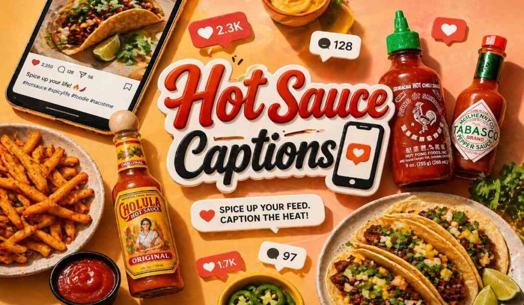 hot sauce puns for social media with aesthetic food layout and spicy captions designed for instagram engagement