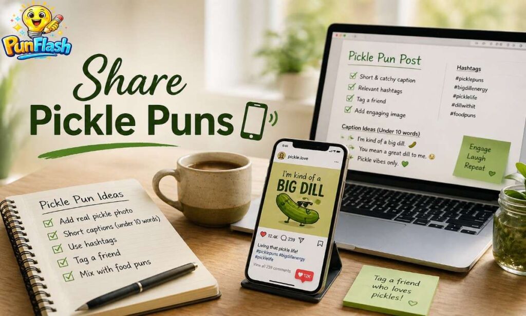 Tips for sharing pickle puns online with social media strategy and caption ideas for engagement