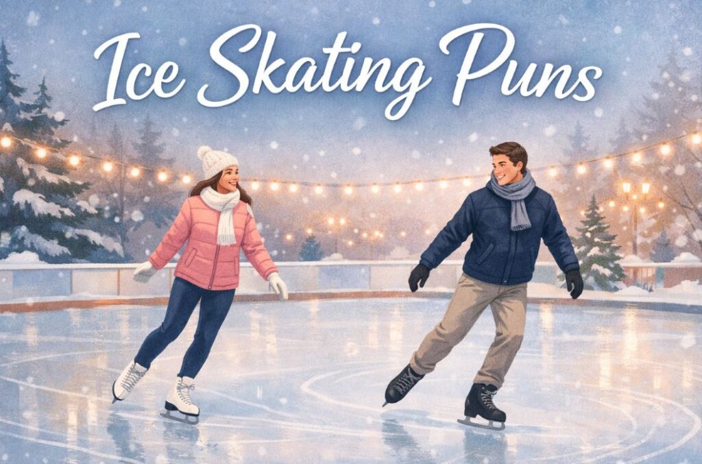 Two people ice skating at a winter rink for an ice skating puns blog post