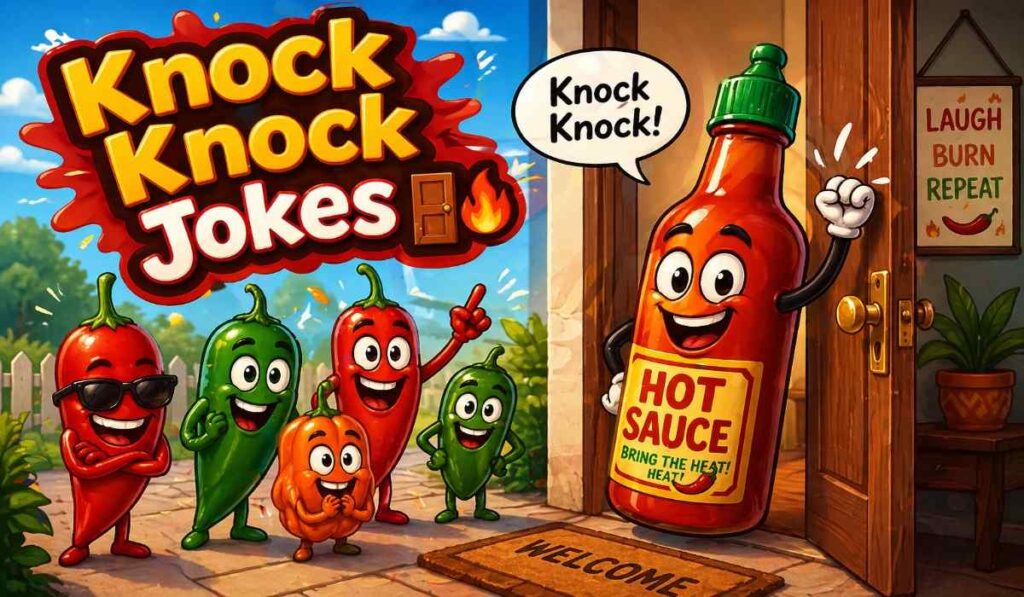 knock knock hot sauce jokes with cartoon chili peppers and funny door scene showing playful spicy humor