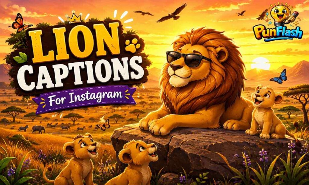 Lion captions for Instagram featuring a stylish cartoon lion relaxing on a rock at sunset in the savanna