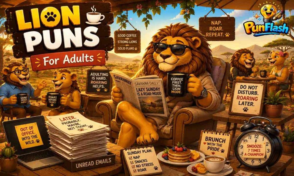 Adult lion puns cartoon lion relaxing at a savanna café with coffee and weekend vibes