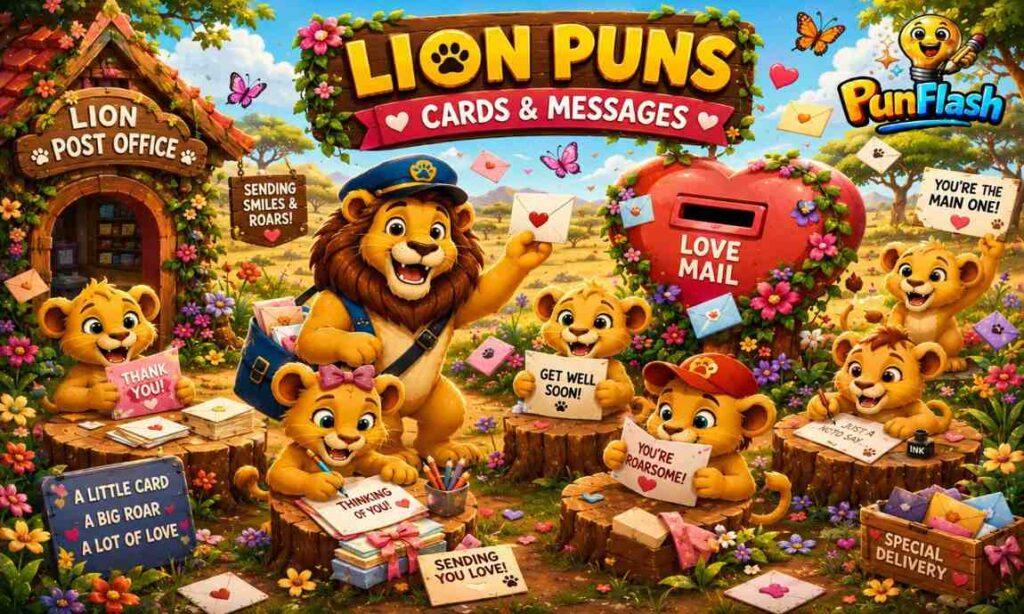 Lion puns for cards and messages featuring a cartoon lion mail carrier delivering greeting cards in the savanna