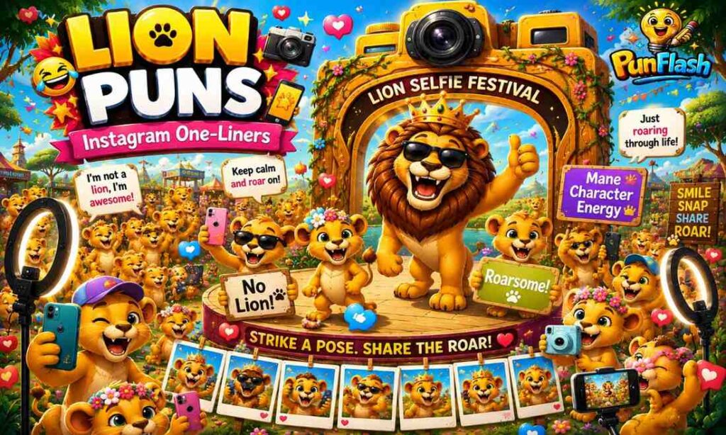Cartoon lion selfie festival with lion cubs taking photos and funny Instagram one-liner signs