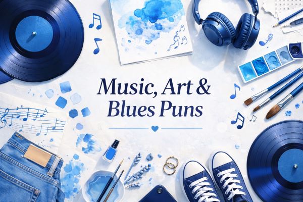 Blue music and art themed section image for music, art, and blues puns
