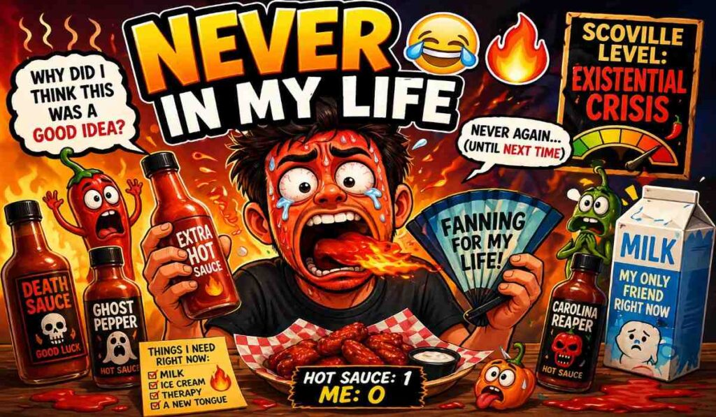 never in my life hot sauce memes with funny spicy reaction and chili peppers showing relatable food humor