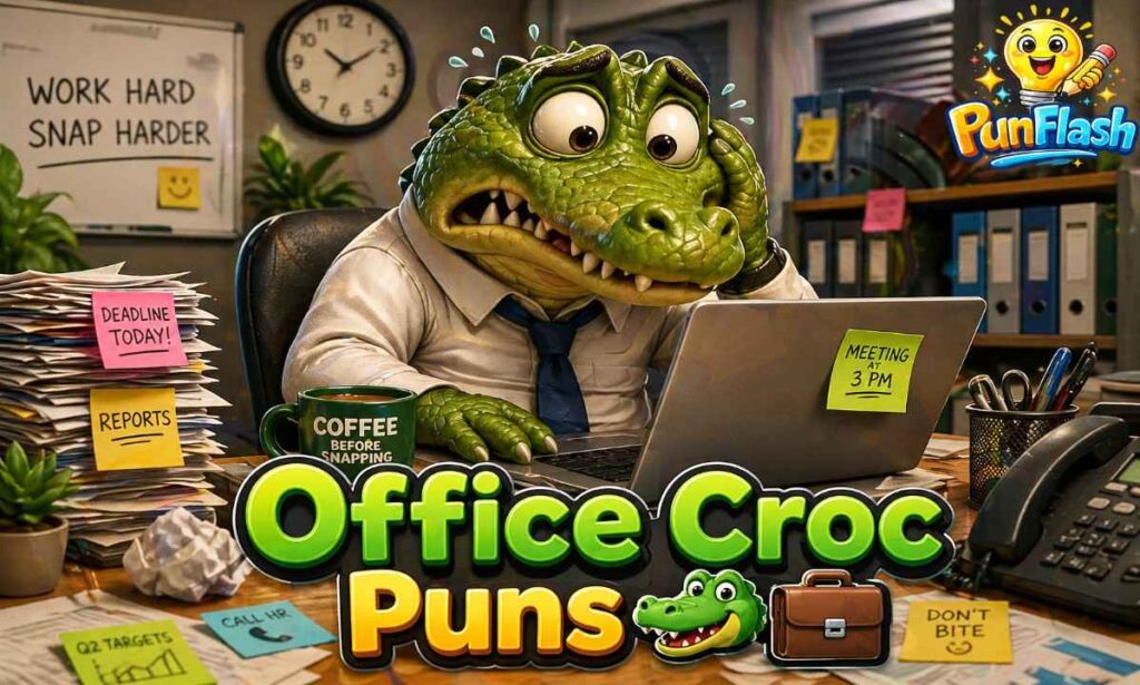 office crocodile puns funny work jokes with crocodile in office desk corporate scene
