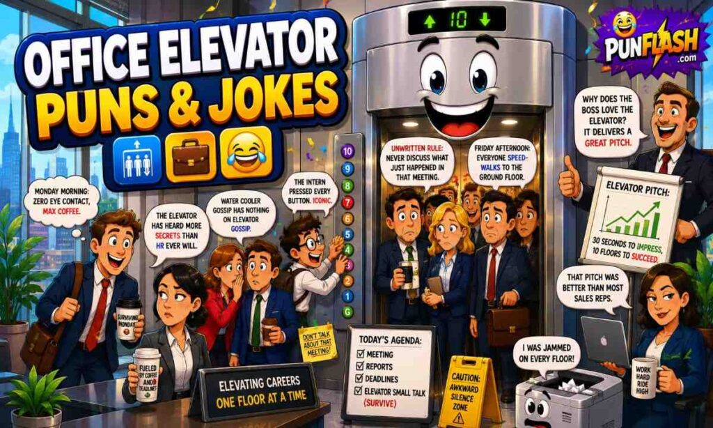 office elevator puns and workplace jokes featuring coworkers managers office humor and funny elevator moments at work