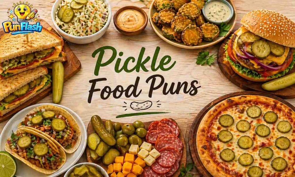 Funny pickle food puns with tasty jokes about burgers, sandwiches, snacks and foodie humor