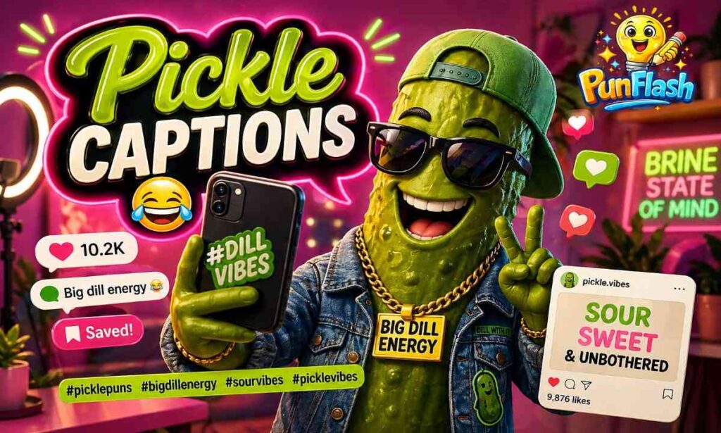 Funny pickle puns captions for Instagram, TikTok and social media posts with trendy and aesthetic humor