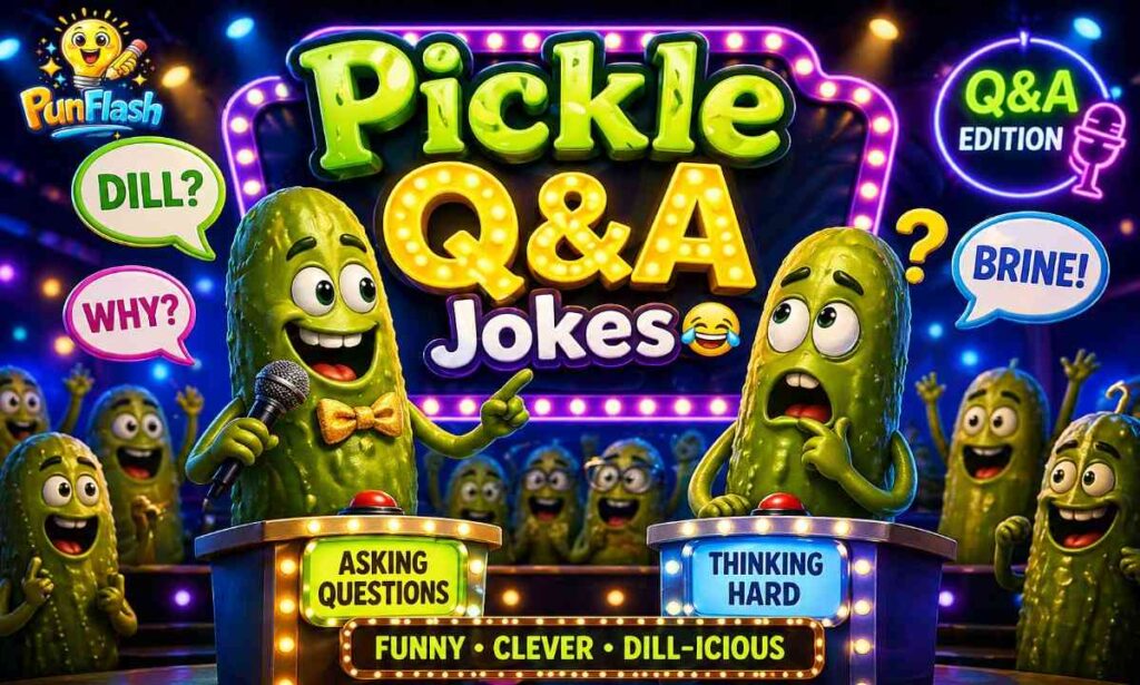 Funny pickle question and answer puns for kids and adults with clever Q&A jokes and humor