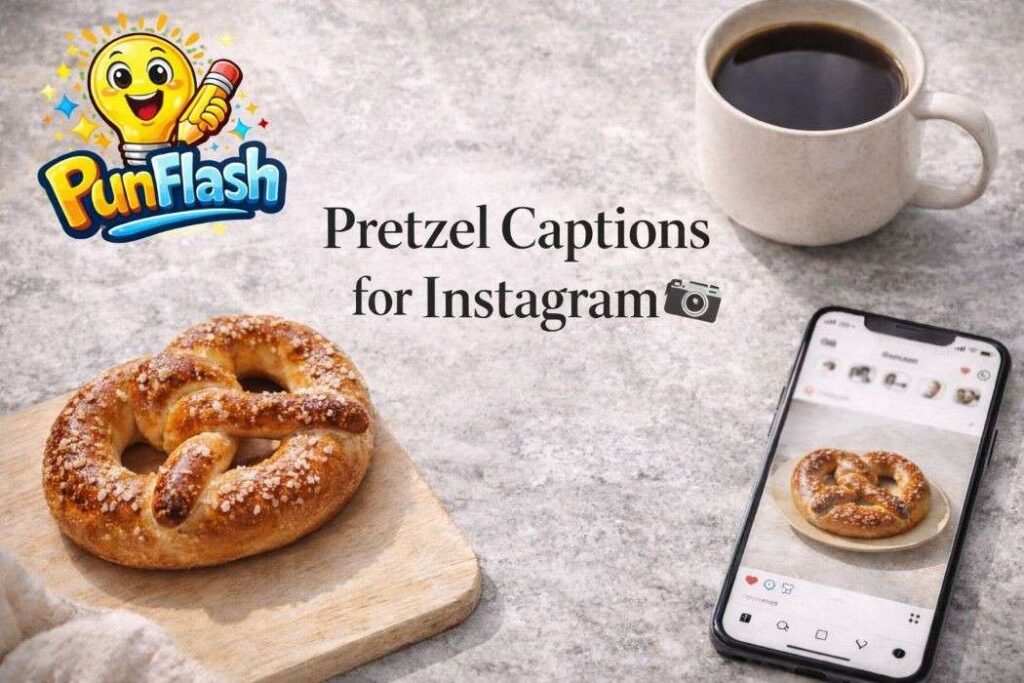 pretzel instagram captions aesthetic image with phone coffee and pretzel flat lay