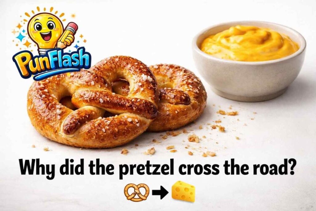 why did the pretzel cross the road joke image with cheese dip