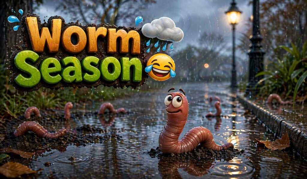 rainy day worm puns illustration with earthworms on wet sidewalk after rain with puddles and reflections