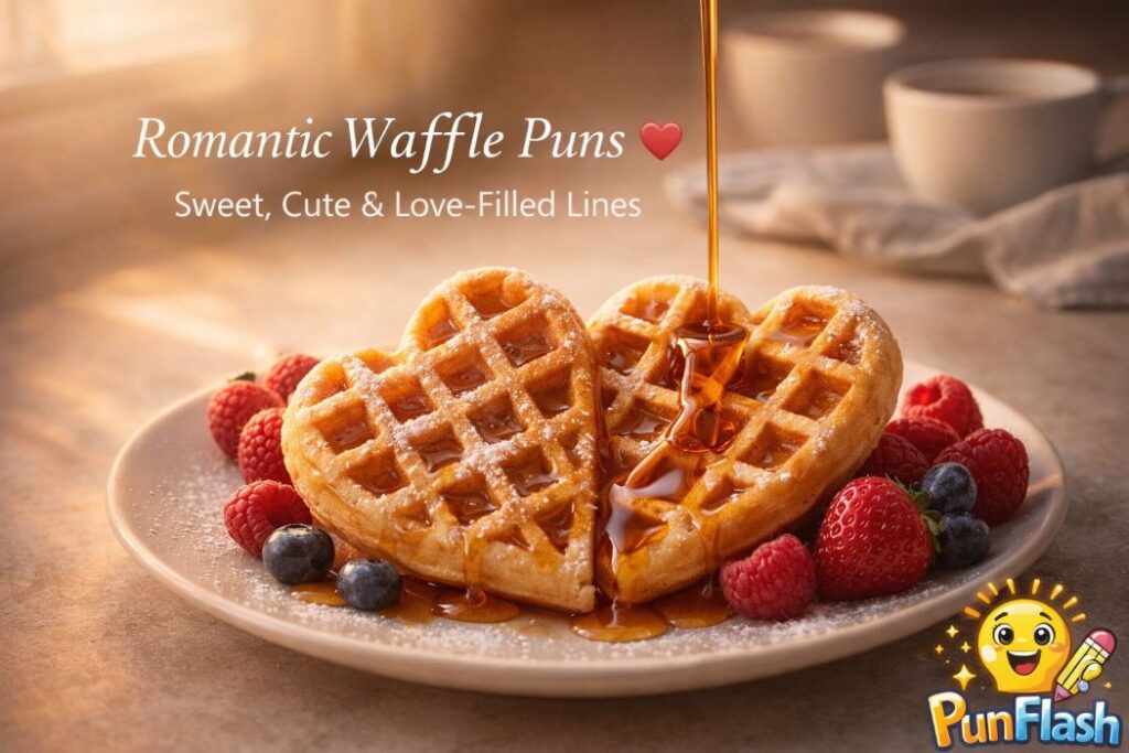 romantic waffle puns heart shaped waffles with syrup strawberries cozy breakfast for two”