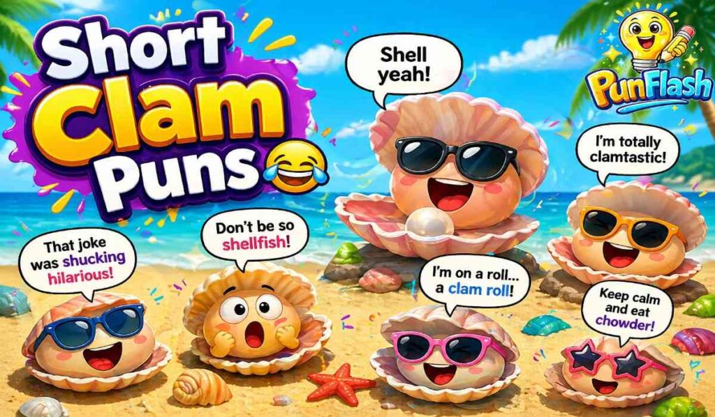 short clam puns illustration with funny cartoon clams and ocean humor speech bubbles