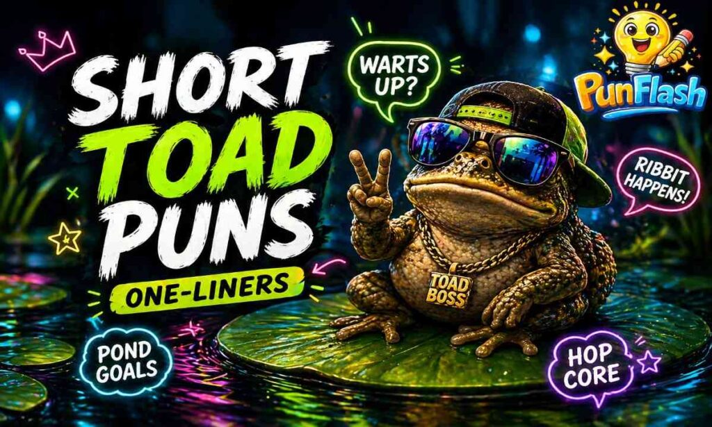 short toad puns one-liners with funny stylish toad image for captions and jokes