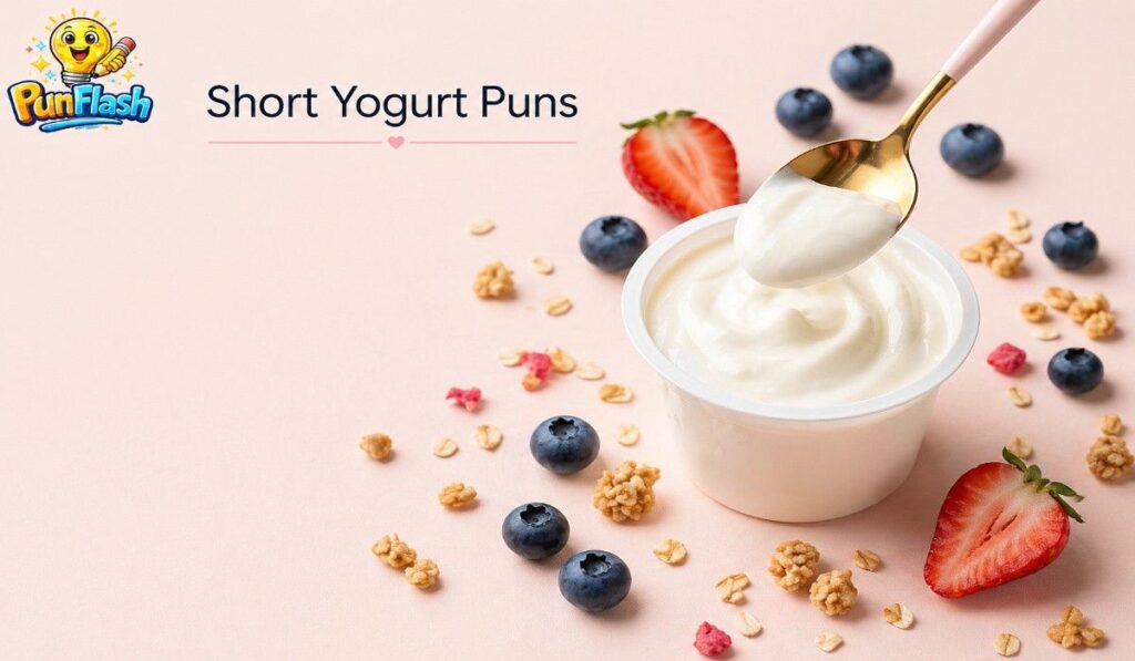 minimal yogurt cup with spoon and berries representing short yogurt puns