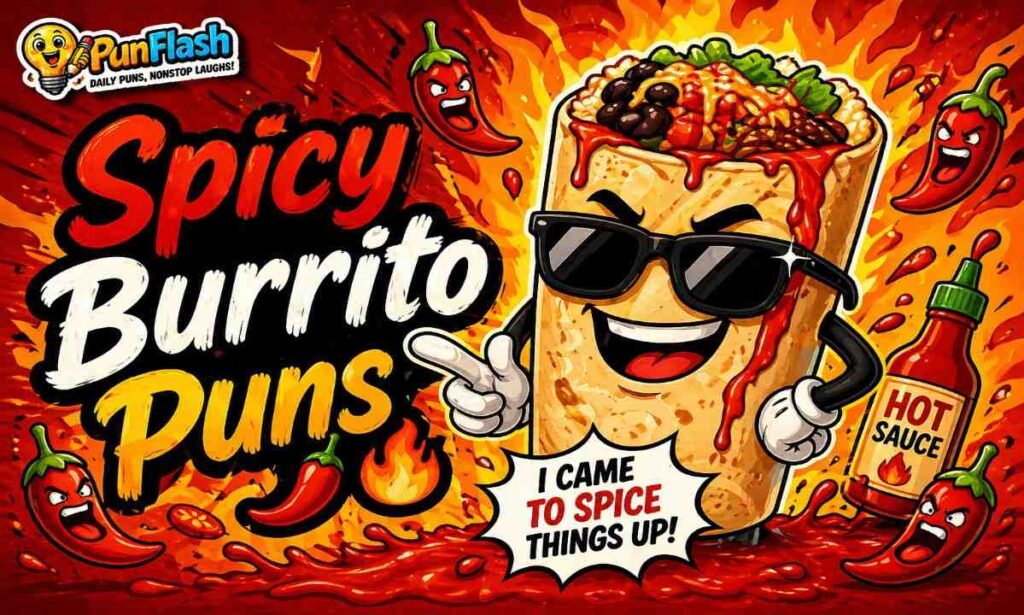 spicy burrito puns one liners with fiery burrito cartoon and chili peppers illustration