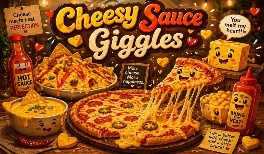 cheesy sauce jokes with melted cheese nachos and hot sauce showing funny food humor and cozy spicy cheese combination