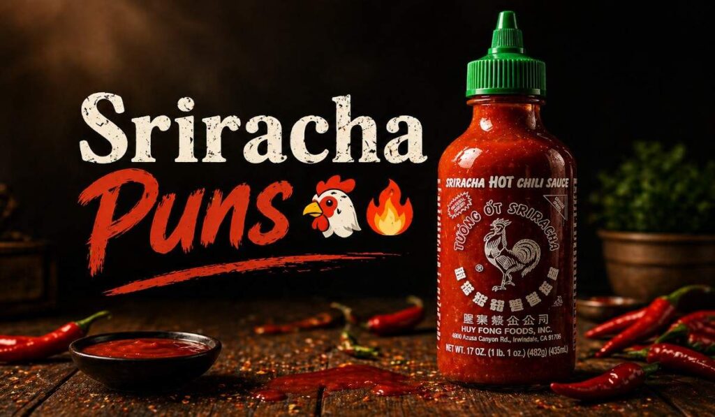 sriracha puns blog image with hot sauce bottle on wooden table and punflash logo in top corner